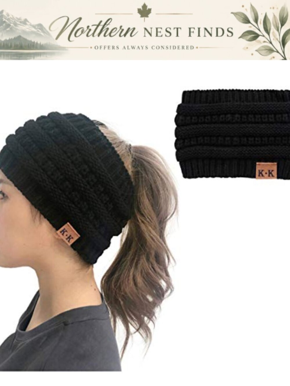 Womens Winter Knit Beanie Headband Messy Bun Ponytail Ear Warmer Toque